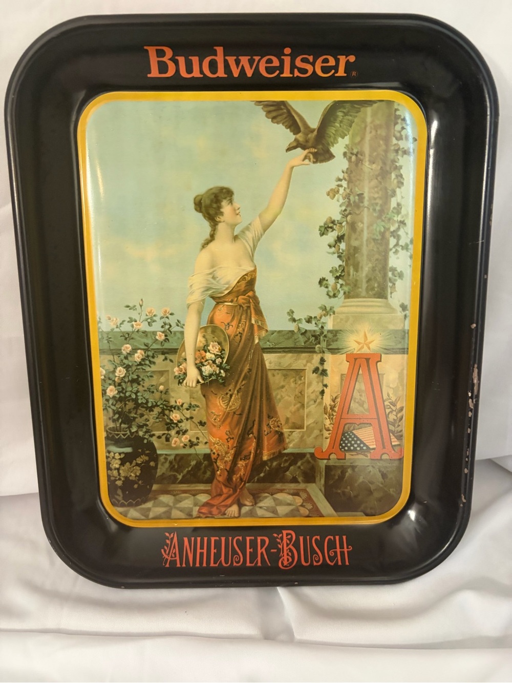 Budweiser Black and Yellow Framed Serving Tray with Classic Lady Artwork